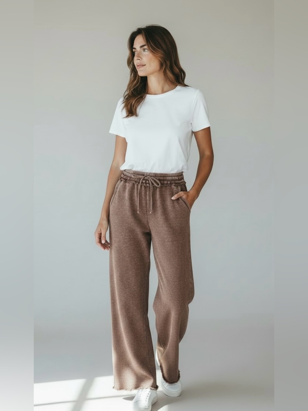 NWT Acid Wash Fleece Wide Leg Drawstring Lounge Pants by Zenana - Mocha
